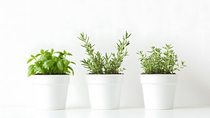 Fototapeta premium Three potted herbs (basil, rosemary, thyme) sit in a row against a white background. Simple, clean, and minimalist aesthetic.