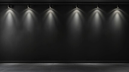 Explore an empty room illuminated by a celestial light filtering through ceiling,  with a sleek black wall providing an ideal backdrop for showcasing logo mockups or product presentations in stock pho