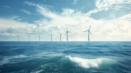 An off-shore wind farm in the ocean, wind turbines standing on pillars in the water, blue sky