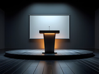 empty presentation stage with a sleek, modern podium and a large blank screen with dark black wood floor