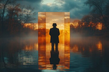 Surreal Scene with Bowler Hat Transparent Panels at Peaceful Lake Golden Hour