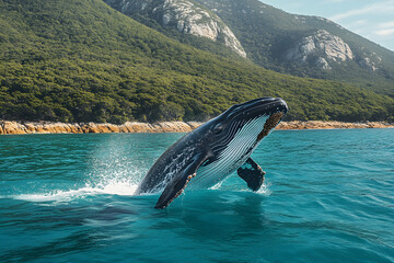 Obraz premium Humpback Whale Breaching in Clear Blue Ocean with Forested Cliffs. 