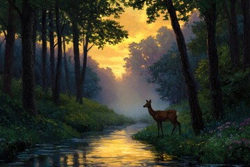 Serene Forest Scene at Sunrise with Deer by Tranquil Stream