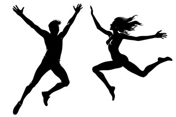 Man and woman jumping silhouette vector art illustration