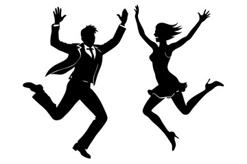 Man and woman jumping silhouette vector art illustration