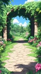 Obraz premium Stone archway leading to lush tropical garden path.
