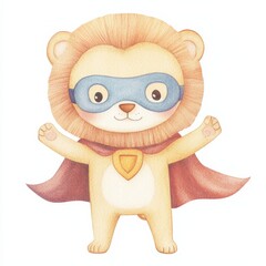 Fototapeta premium Animal Superhero. Cute illustration of a cartoon bear in a lion costume, wearing a blue mask and red cape, embodying a playful superhero theme. watercolor style, clipart, isolated on white background