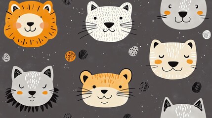 A seamless pattern of humorous animal faces, such as cats, dogs, and lions, in a bright Scandinavian style, perfect for kids wrapping, fabrics, and apparel designs