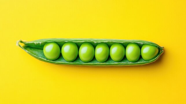 Open pea pod with seven peas on yellow.