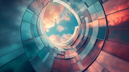 Naklejka premium 54.A futuristic scene capturing the interior of a vertical skyscraper chimney, where clean, metallic panels in teal and burgundy hues create a dynamic frame. The vibrant sky at the top is filled with