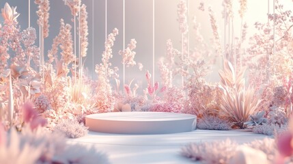 13.A 3D-rendered landscape with a podium nestled among delicate flowers and abstract plant forms in pastel hues. The minimalistic composition showcases a balance between nature-inspired elements and