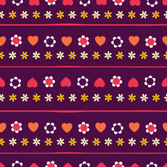 Purple Repeat Floral and Heart Striped Pattern
