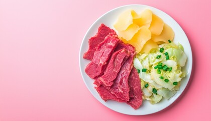 Obraz premium Fresh beef slice un cook with corn and cabbage on white plate