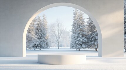 Fototapeta premium 42.A minimalist winter-themed backdrop with a clean, white podium placed beneath an arched structure. The natural lighting creates a calming ambiance, while the subtle geometry adds a touch of