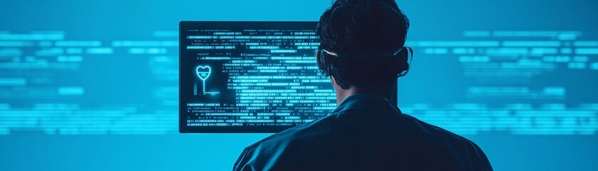 A secure health data system with glowing encryption symbols and firewalls protecting sensitive patient information.