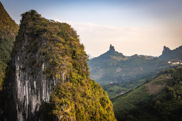 beautiful karst landscape of yangshuo, china, river li, bending river, sunset, hills, view from...