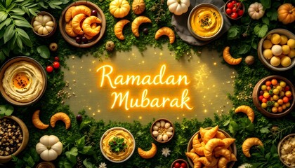&ldquo;Create a Ramadan-themed image featuring crescent-shaped food arrangements, traditional dishes, and a greeting &lsquo;Ramadan Mubarak&rsquo; on a green background.&rdquo;