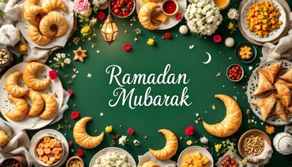 &ldquo;Create a Ramadan-themed image featuring crescent-shaped food arrangements, traditional dishes, and a greeting &lsquo;Ramadan Mubarak&rsquo; on a green background.&rdquo;