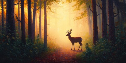 Majestic Deer Stands in Serene Forest with Soft Morning Light