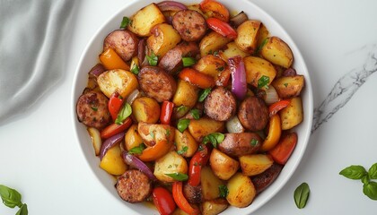 Potato with  sausage slice, onion and pepper for dinner on white plate