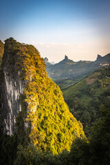 beautiful karst landscape of yangshuo, china, river li, bending river, sunset, hills, view from...