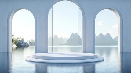 Fototapeta premium 23.A modern 3D display with a smooth circular podium resting on calm water. The composition includes a glass panel and geometric arches, with distant mountains adding a natural, harmonious touch to