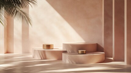 Fototapeta premium 16.A pastel pink background with a sleek 3D podium design featuring art deco-inspired steps. Geometric shapes and a subtle shadow of palm leaves add a natural yet minimal touch, perfect for beauty