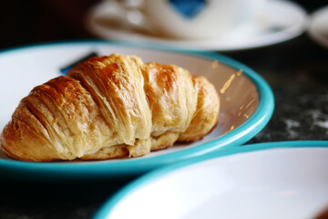 fresh baked croissant on plate with copy space 