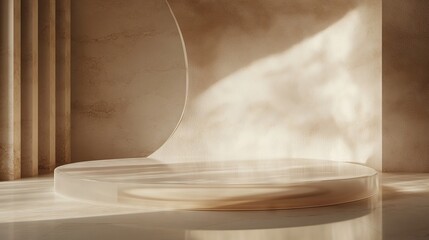 84.A serene, abstract setup with a floating, translucent podium in a neutral environment. The lighting softly highlights the platform's contours, creating a sense of elegance and calm.