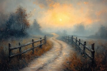 Obraz premium serene landscape crossroads impressionist style early morning fog pastel colors soft brush strokes depth