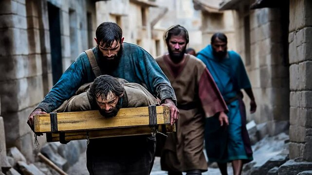 Men Carrying a Paralytic on a Pallet Through Streets