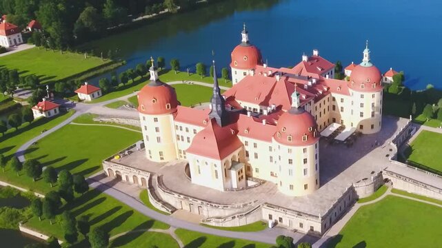 Aerial panorama of Moritzburg Castle with its elegant baroque architecture and scenic setting