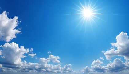 Bright Sun Shining in a Blue Sky with Fluffy Clouds