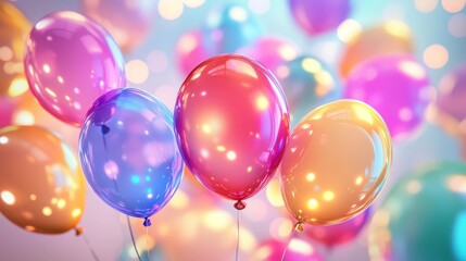 31.A vibrant 3D composition with glossy balloons in various sizes glowing with neon lights. The balloons are arranged against a soft pastel gradient background, creating a festive and dreamy
