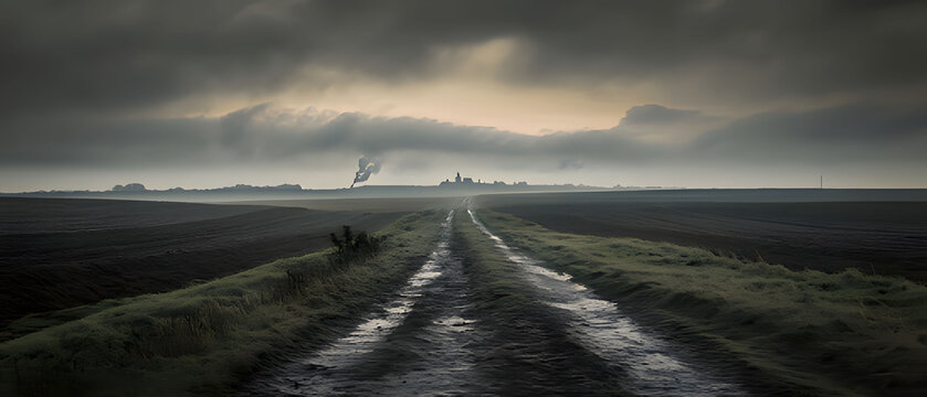 Dark, moody landscape with a winding road leading to an industrial skyline at dusk. Generative AI