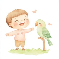 A joyful child interacts with a green parakeet, surrounded by hearts, showcasing a bond between humans and animals. watercolor style, clipart, isolated on white background