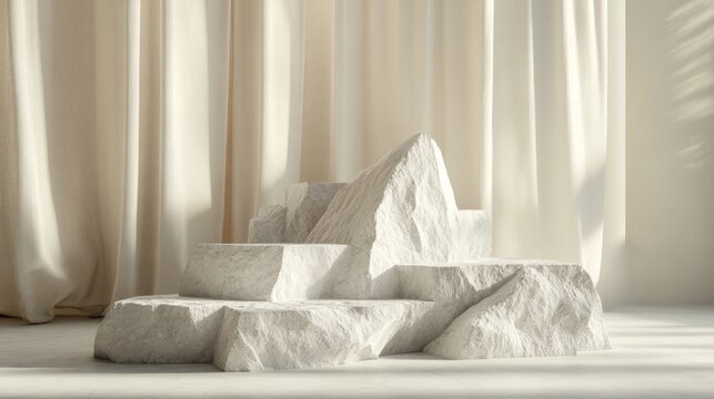 30.An abstract podium setup with uneven, rough-textured white stone blocks arranged in a layered fashion. The minimal backdrop and soft, diffused lighting highlight the raw aesthetic of the broken