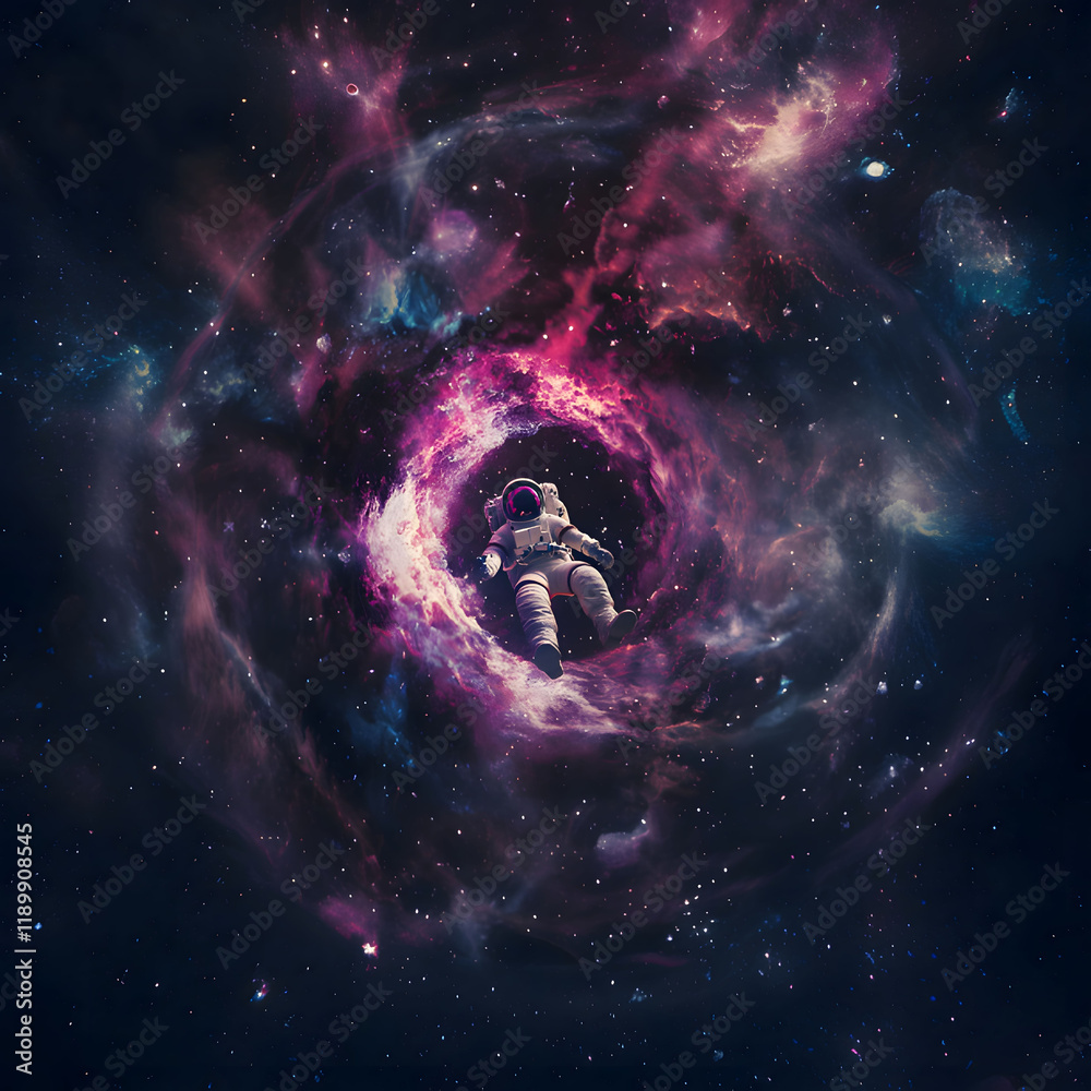 Wall mural astronaut floating in a colorful cosmic nebula with swirling stars and distant galaxies in the vastn