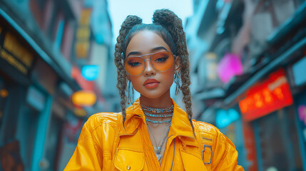 Obraz premium A vibrant portrait of a woman in a bold yellow jacket, showcasing her stylish braids and trendy sunglasses.