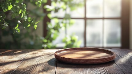 Obraz premium Serene Wooden Plate in Sunlit Room