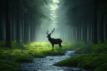 Majestic Stag Under Sunlight in Serene Forest with Mossy Ground