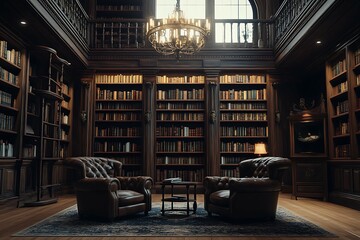 Luxury library interior with bookshelf and armchairs.
