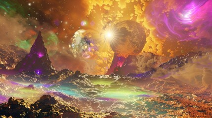 a enchanting abstract landscape, with radiant colors and surreal elements floating in an imaginative realm, white space in the center of the page for text