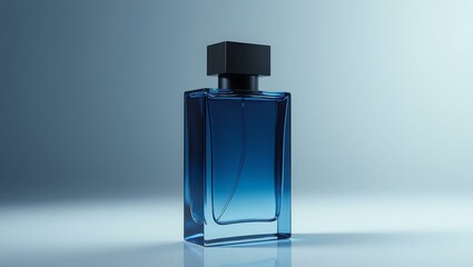 navy blue perfume for men in a transparent luxury bottle, designed with sharp, modern lines and a matte finish