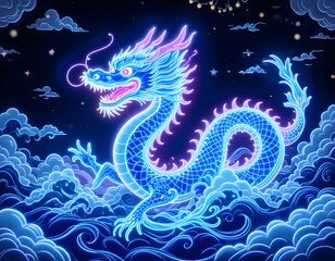Neon Dragon Ascending Celestial Clouds: A Glowing Mythical Creature in a Night Sky