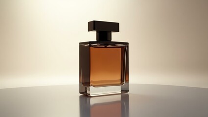 leather brown perfume for men in a transparent luxury bottle, designed with sharp, modern lines and a matte finish