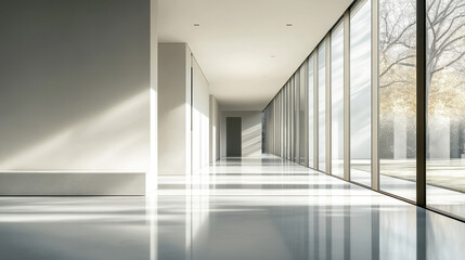 Modern interior of an empty white hall with glass walls, light shadows, and reflections on the floor, minimalist design