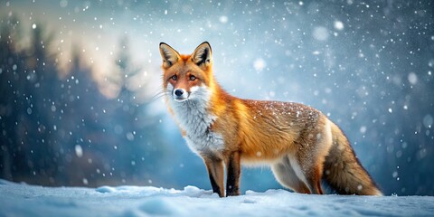 Fototapeta premium Majestic Red Fox in a Serene Snowy Landscape with Falling Snowflakes