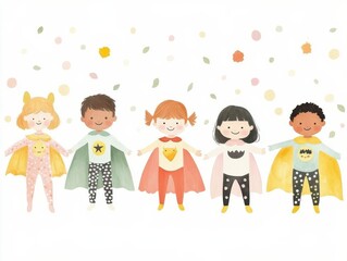 Fototapeta premium Cheerful children dressed as superheroes stand together, surrounded by confetti, showcasing fun and creativity. watercolor style, clipart, isolated on white background