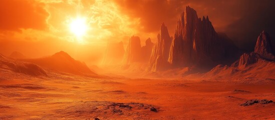 Dramatic otherworldly landscape featuring towering rocky mountains and a fiery glowing sky on a distant uncharted exoplanet  Serene yet moody atmosphere with vibrant colors and an unearthly